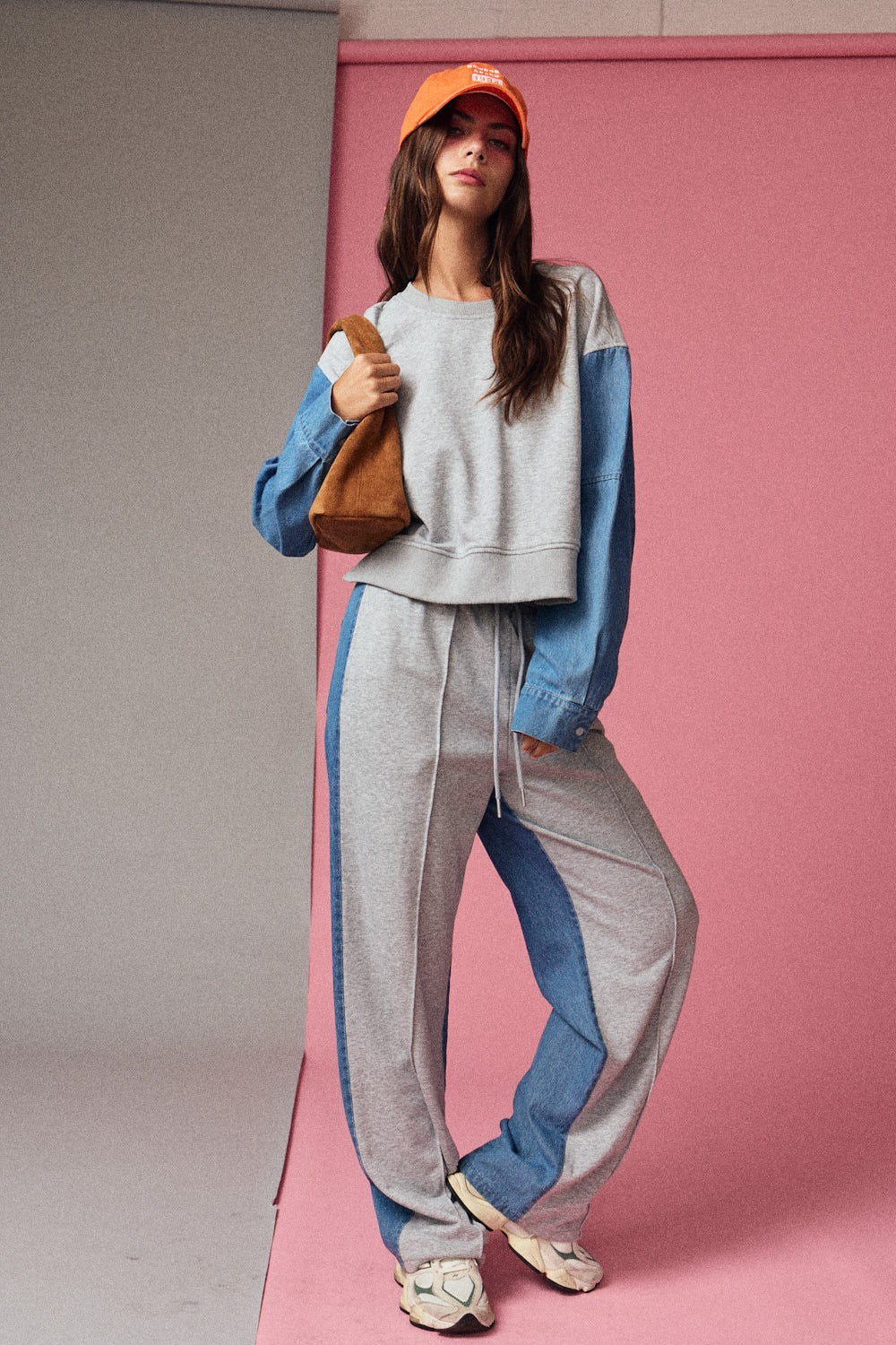 Color Block Relaxed Fit Denim Pants Set