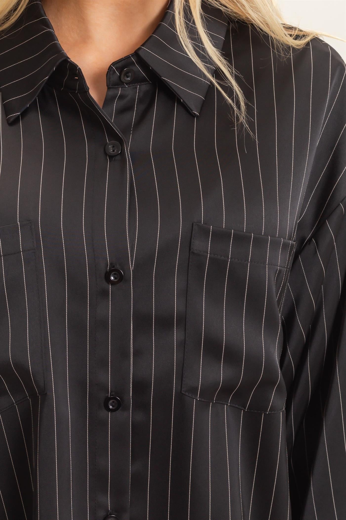 Black Pinstripe Button Up Top & Pant Set
