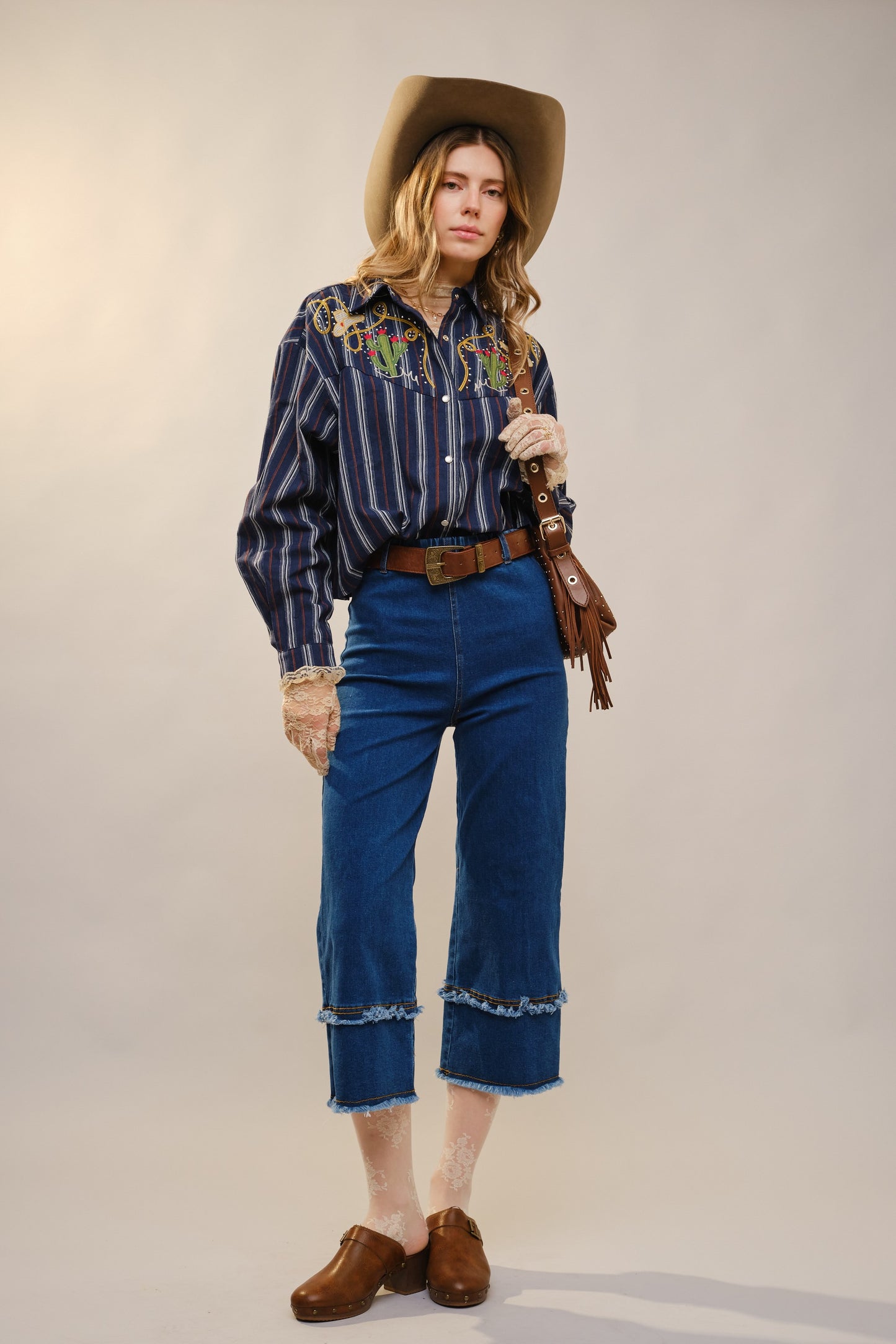 Navy Striped Cactus Embroidered Button Down