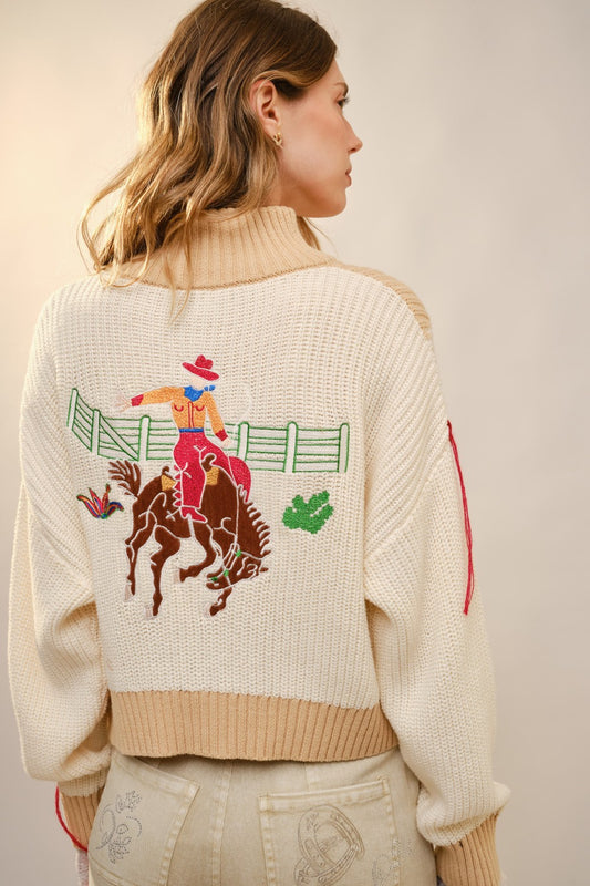 Western Embroidered Mock Neck Sweater