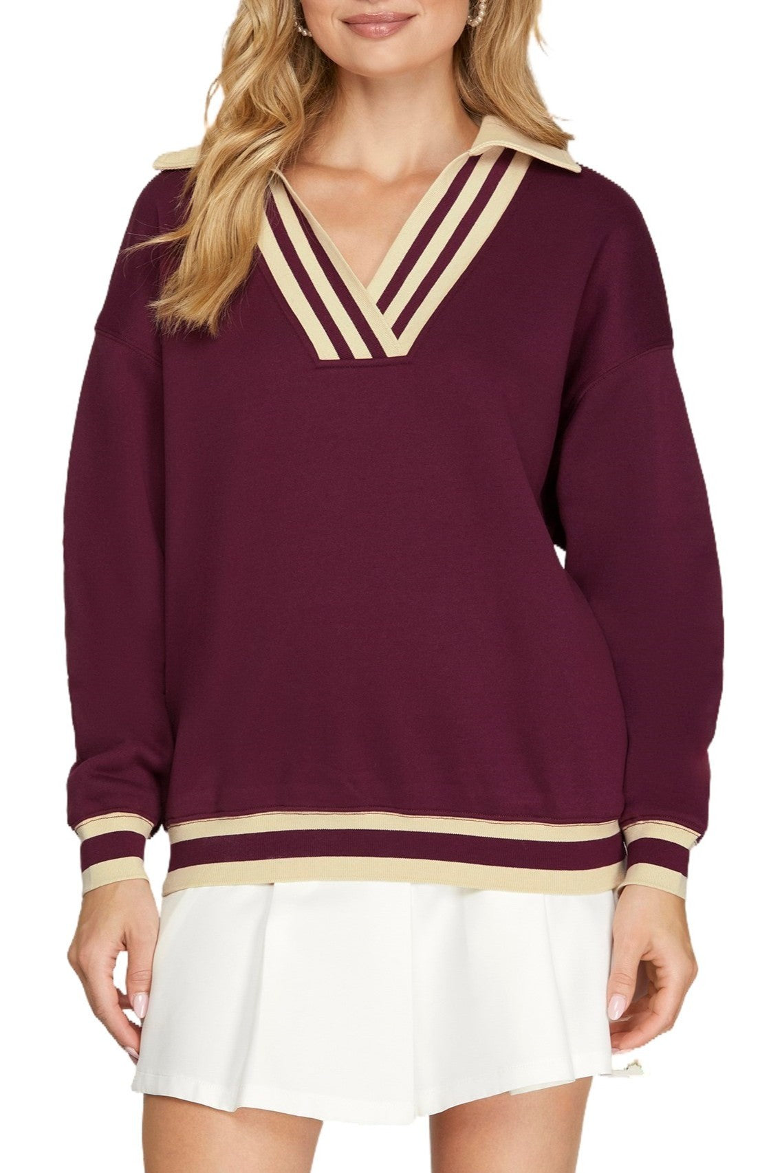 Wine V-Neck Contrasting Pull Over Top