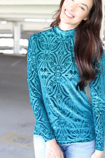 Turquoise Velvet Burnout Mesh Top