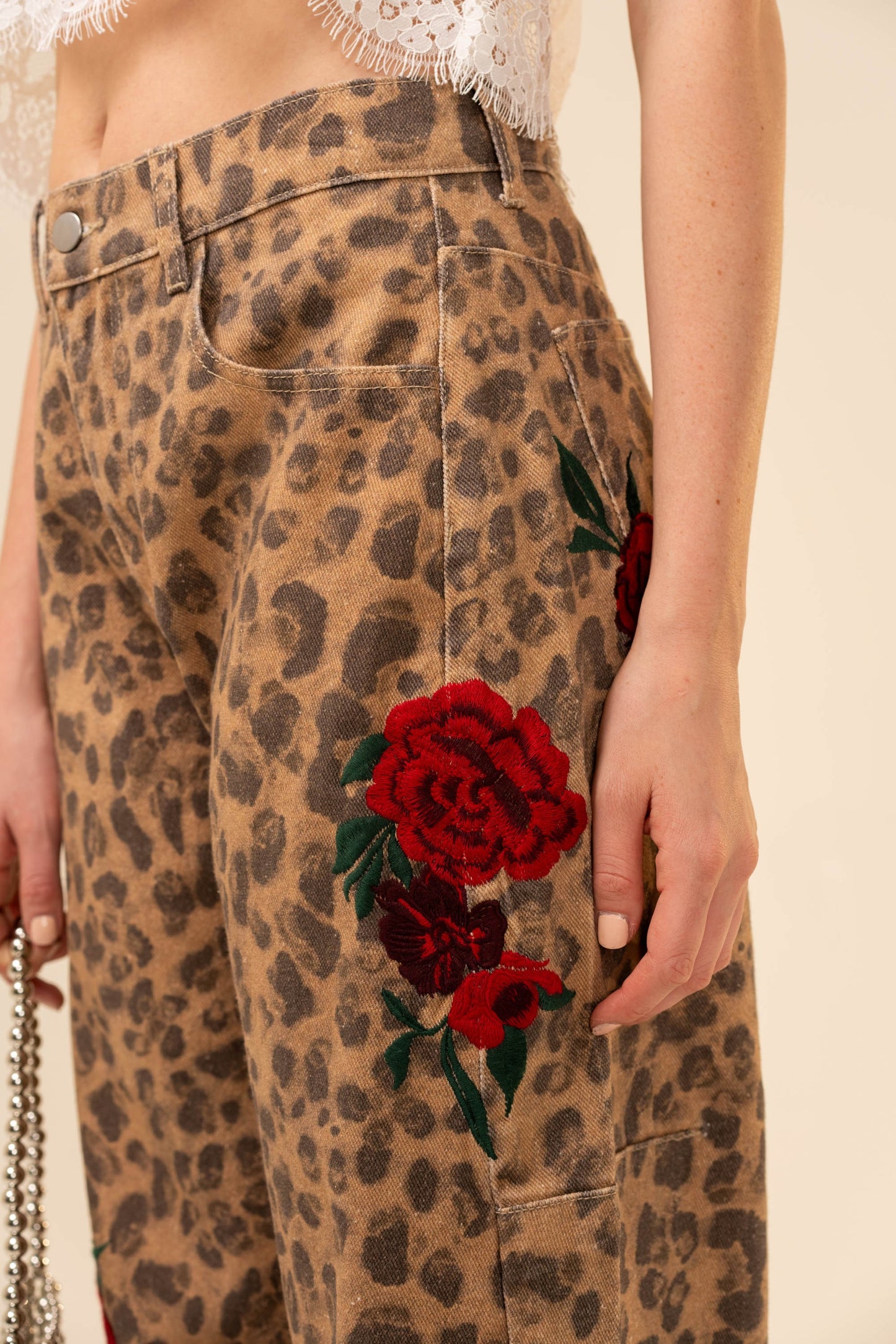 Rose Embroidered Leopard Barrel Pants