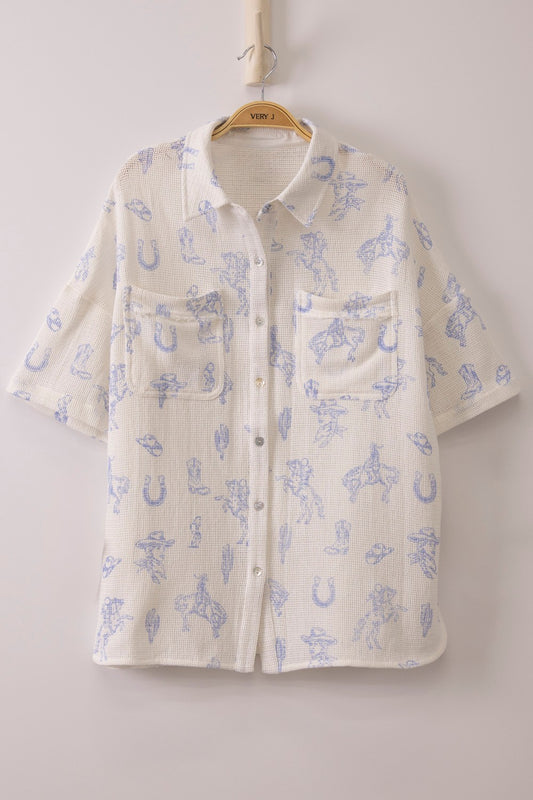 Western Graphic Oversized Button Down Shirt Top