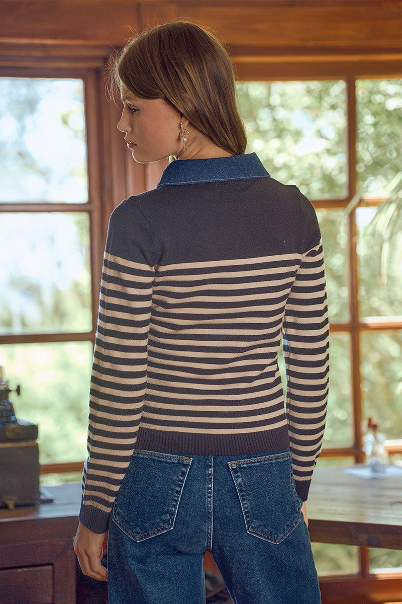 Denim Contrasting Collared Stripe  Sweater