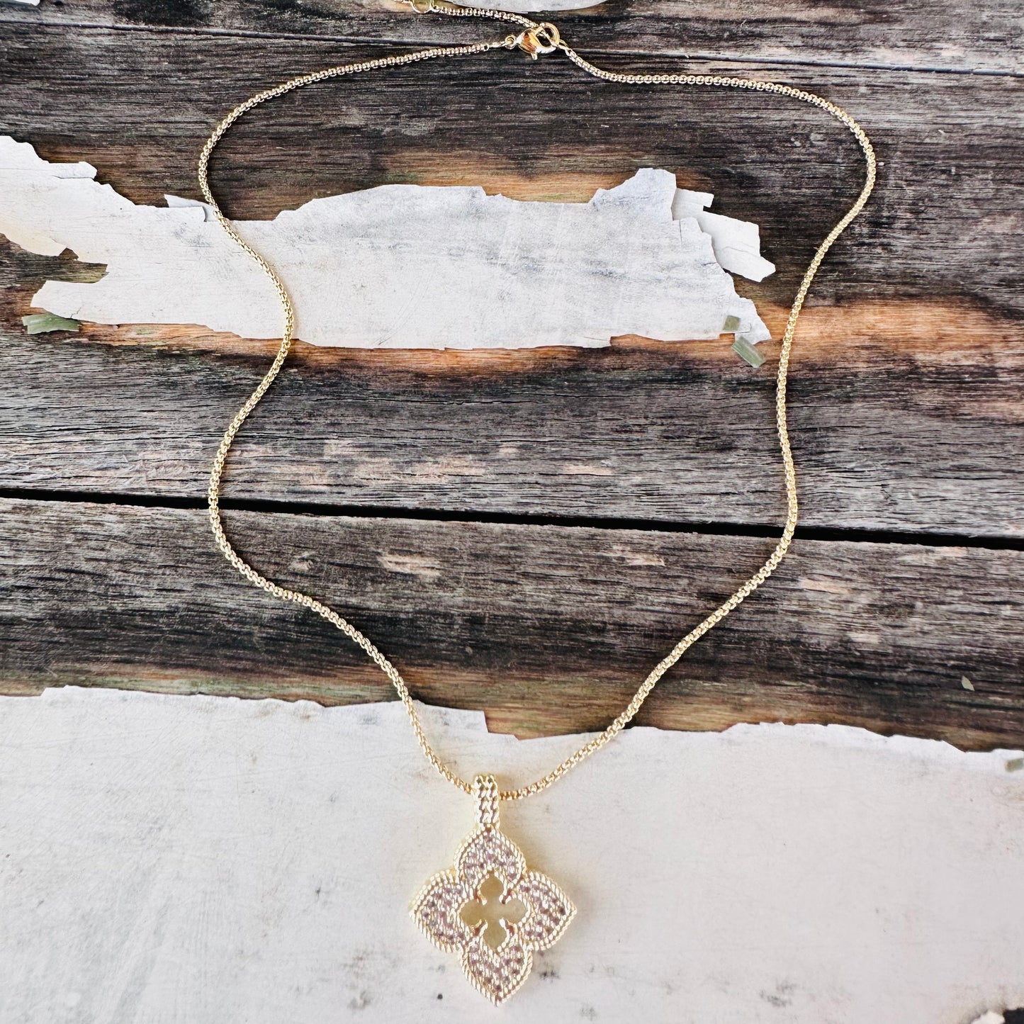 Gold Rhinestone Clover Pendant Necklace