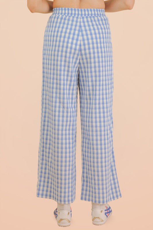 Elastic Waist Blue Checkered Casual Pants