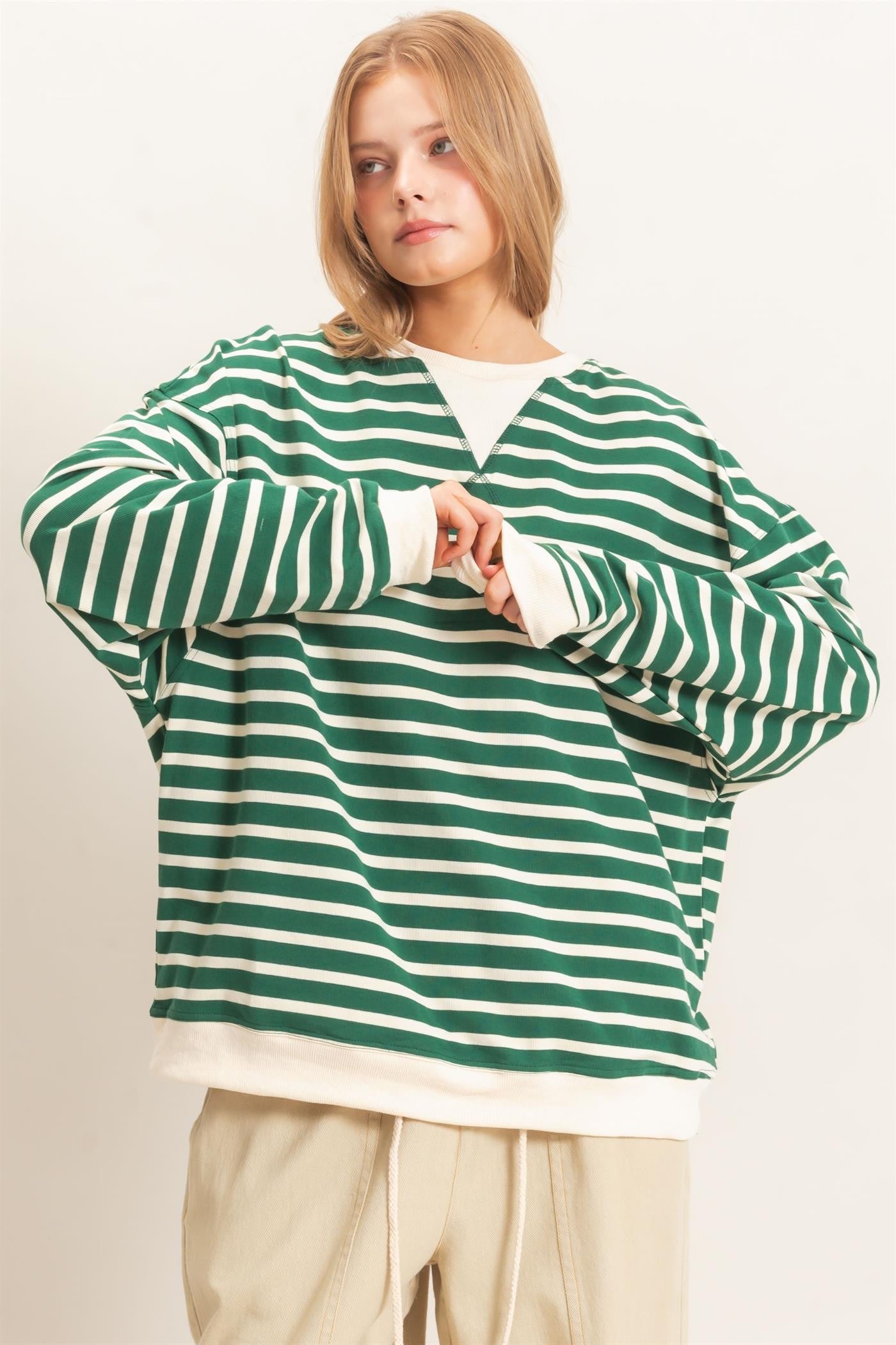 Green Striped Long Sleeve Pullover