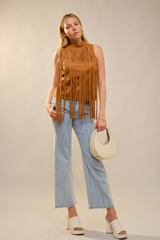 Faux Suede Sleeveless Fringe Top