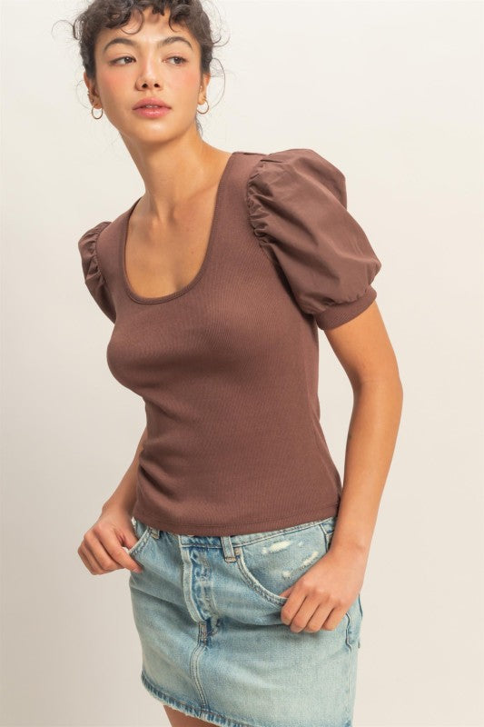 Ribbed Puff Sleeve Scoop Neck Top- Chocolate