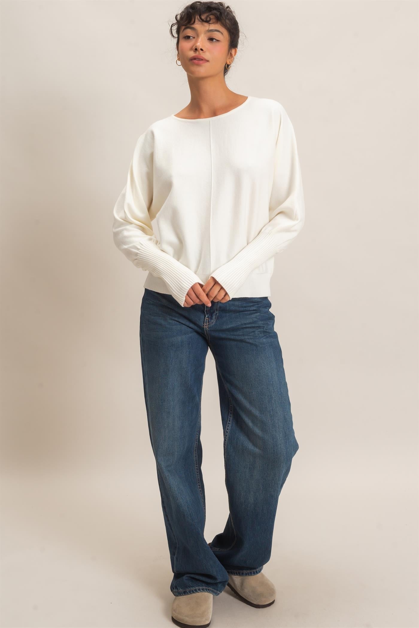 White Batwing Center Seam Sweater
