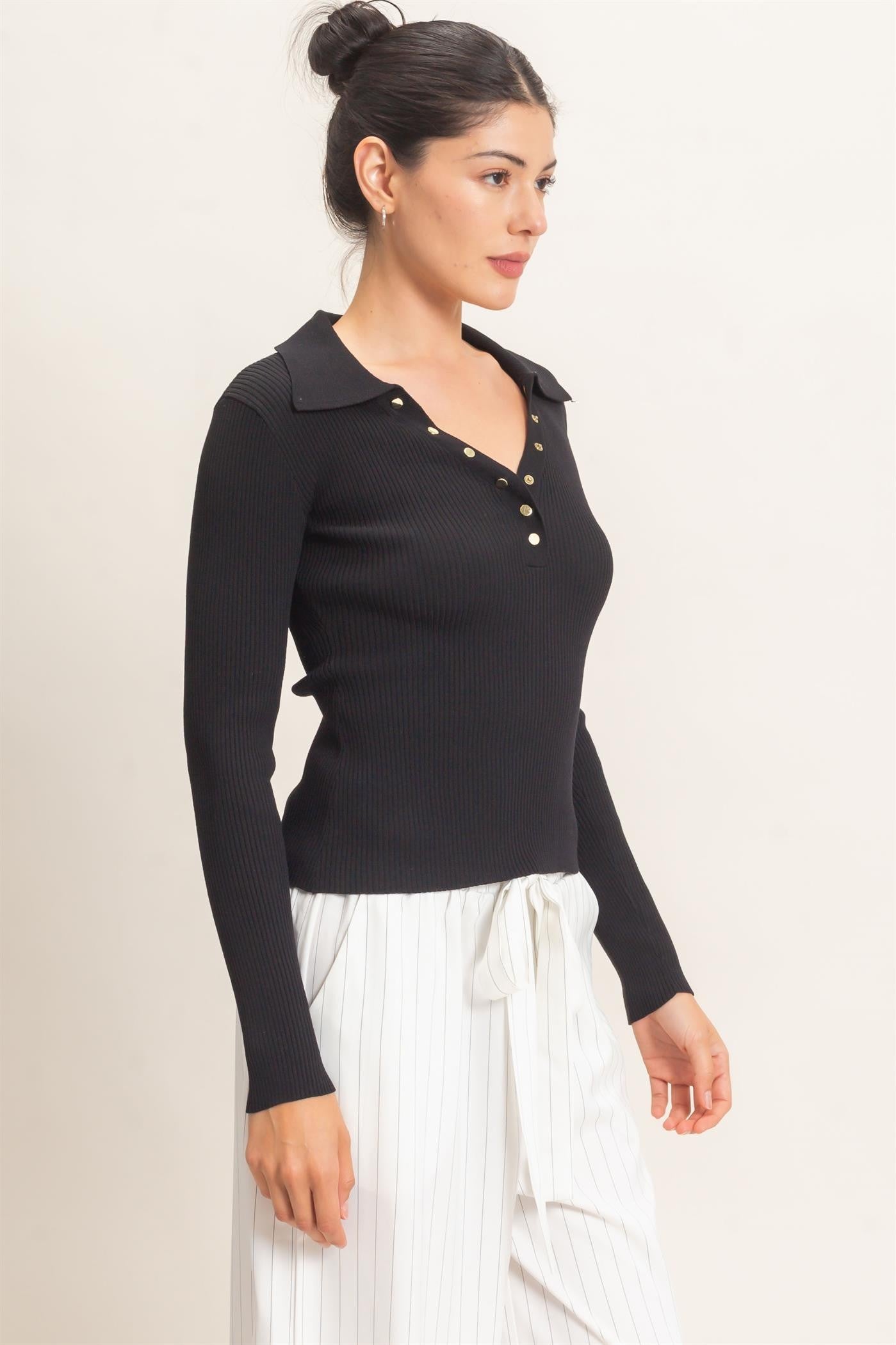 Black Ribbed V-Neck Sweater