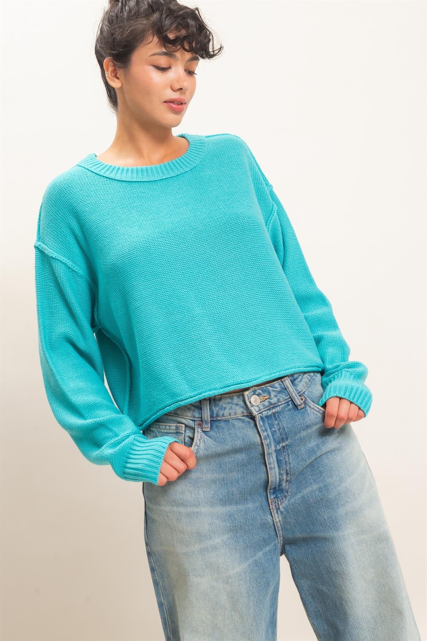 Seam Detail Oversized Sweater- Turquoise