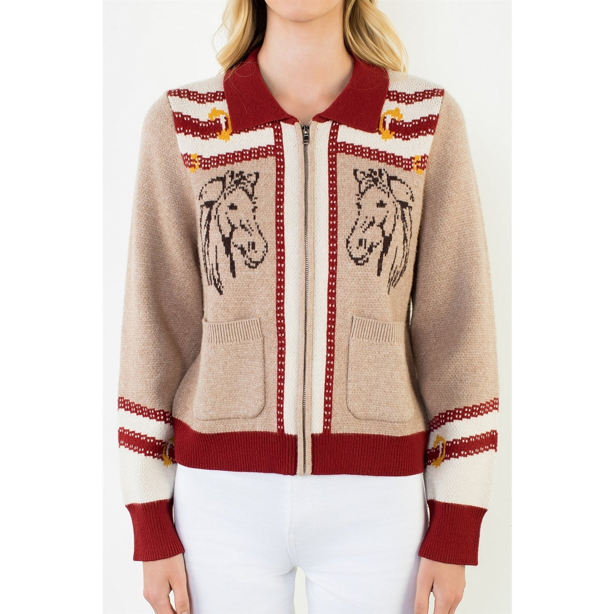 Beige & Burgundy Zipper Front Horse Cardigan