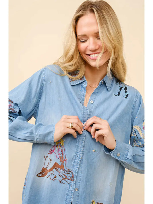Tencel Western Embroidered Button Up Top
