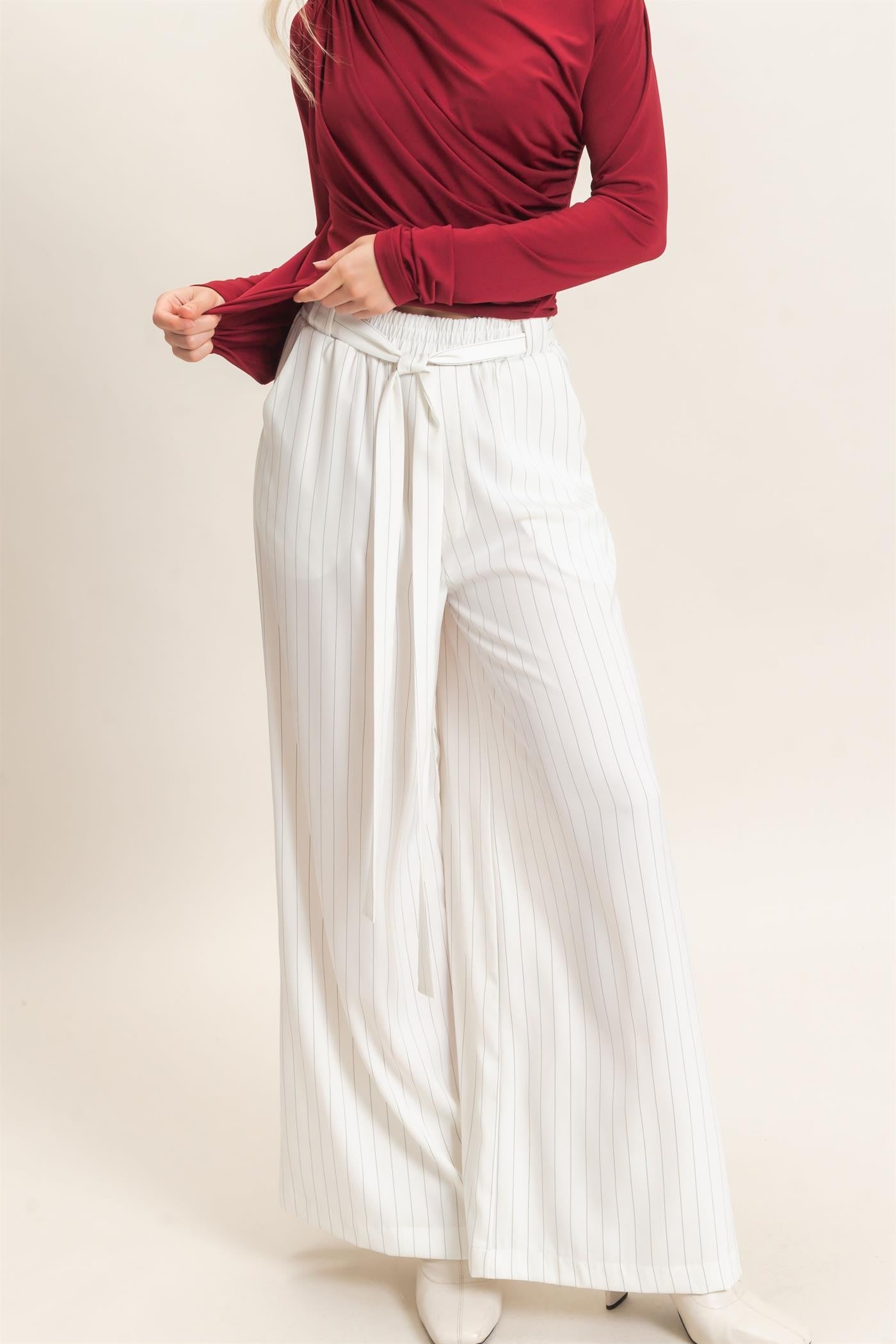 White Pinstripe Wide Leg Pants
