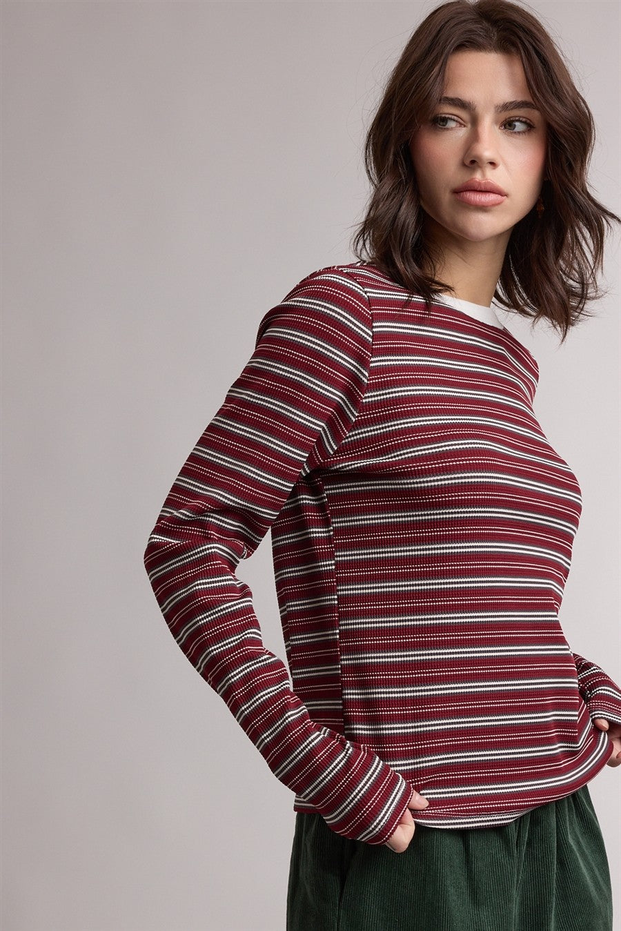 Burgundy Contrasting Striped Knit Top