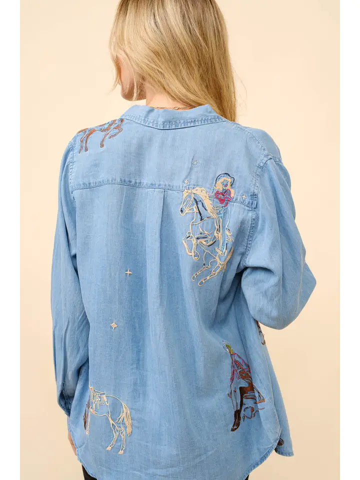 Tencel Western Embroidered Button Up Top