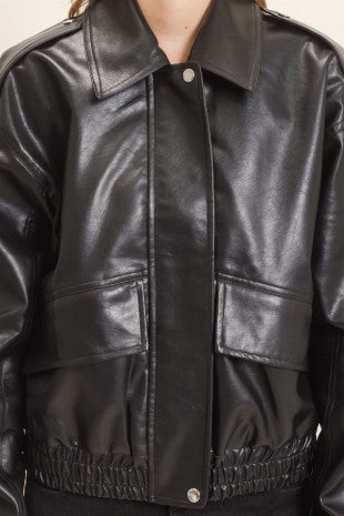 Faux Leather Collared Bomber Jacket