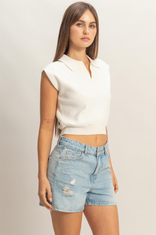 White Sleeveless Collard Knit Top