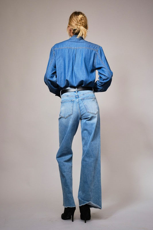 Tie Neck Dark Chambray Top