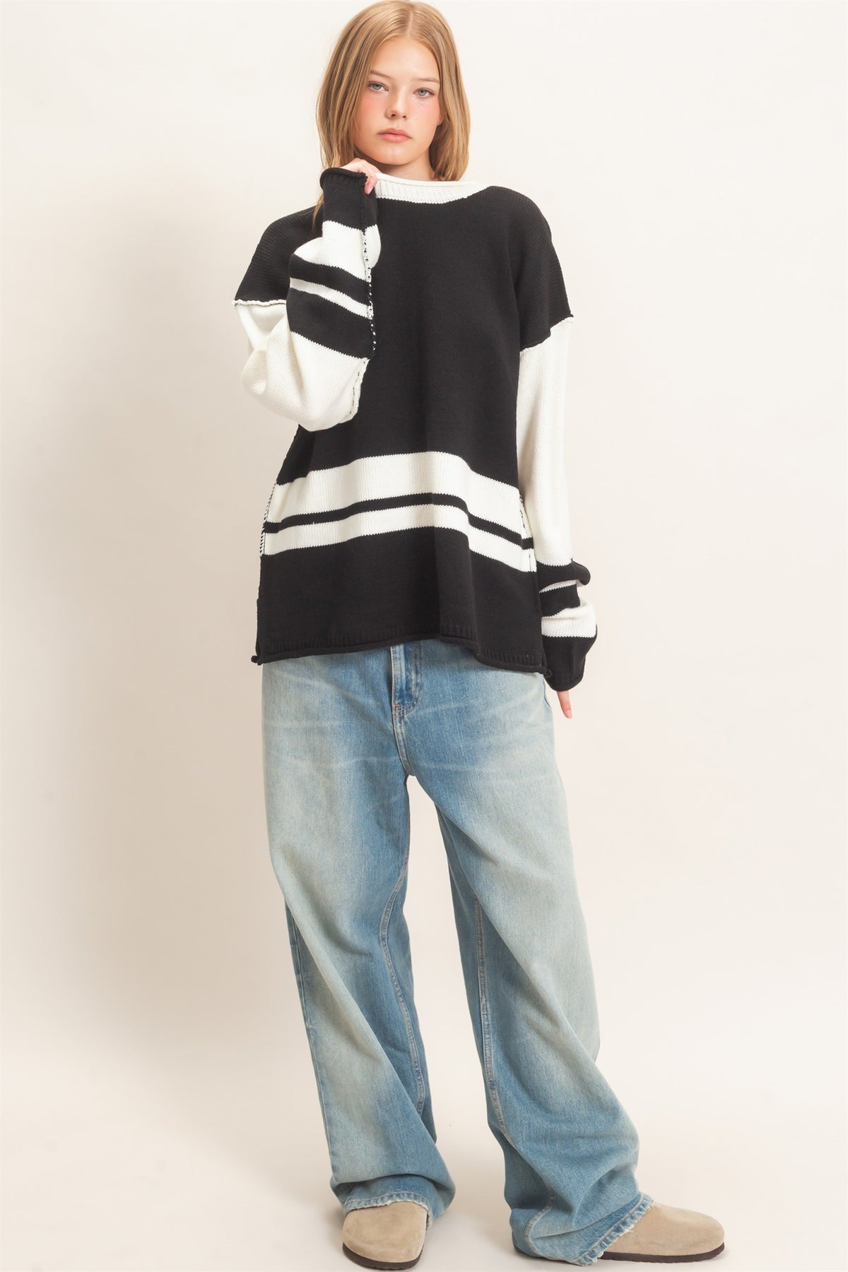 Black Striped Crew Neck Sweater