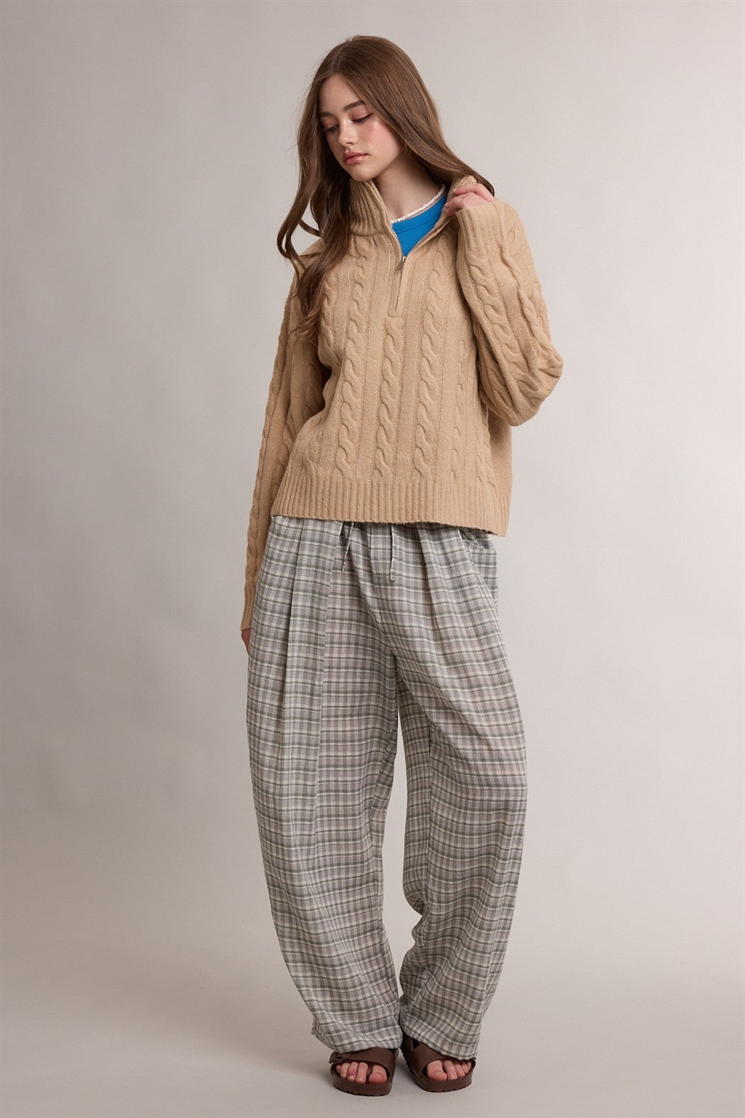 Cable Knit Quarter Zip Collar Sweater- Camel