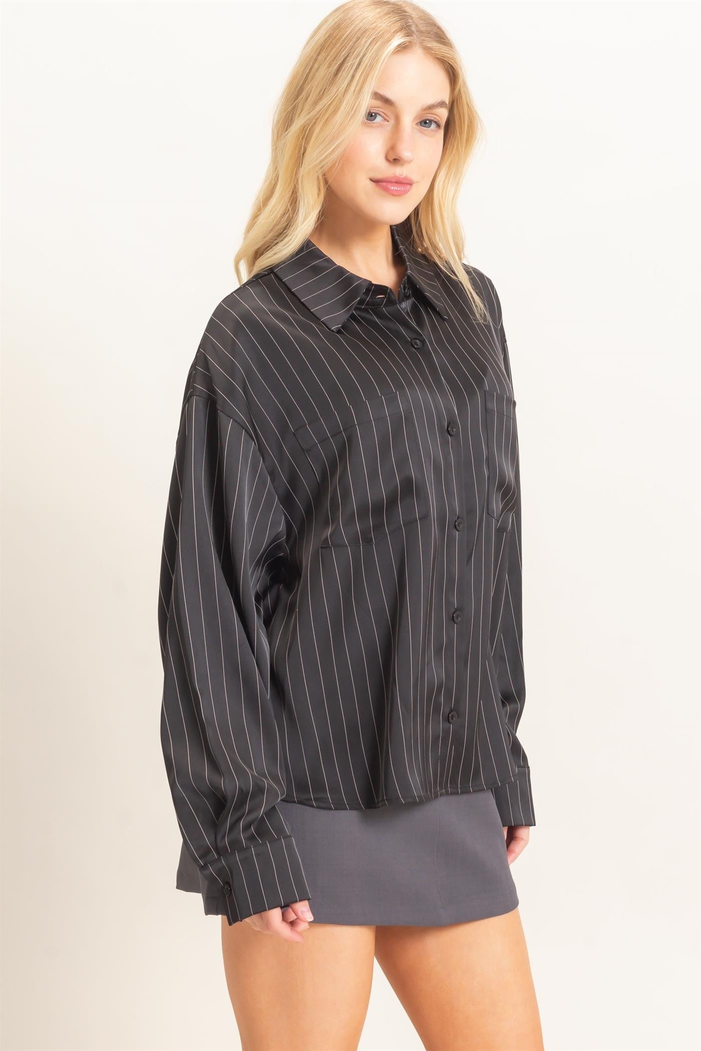 Black Pinstripe Button Up Top & Pant Set