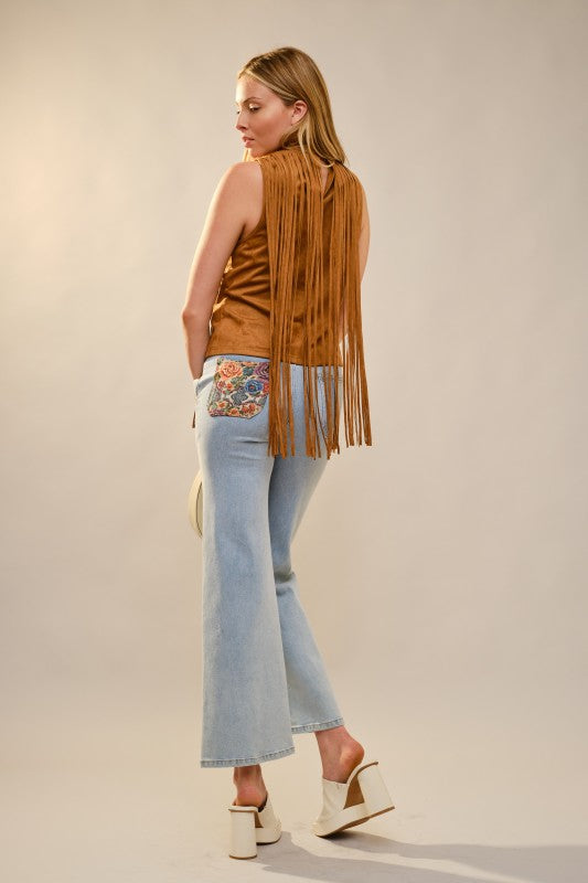 Faux Suede Sleeveless Fringe Top