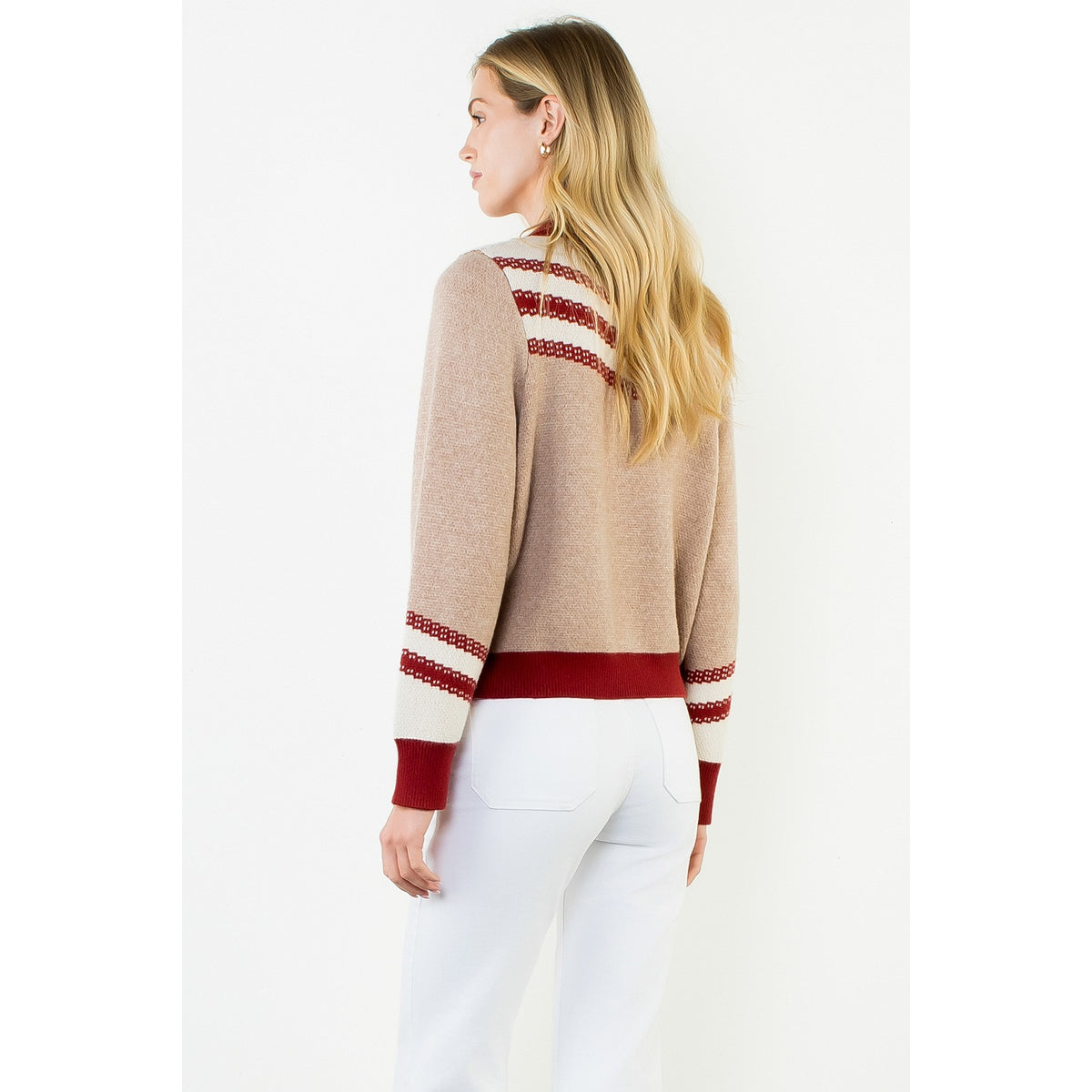 Beige & Burgundy Zipper Front Horse Cardigan