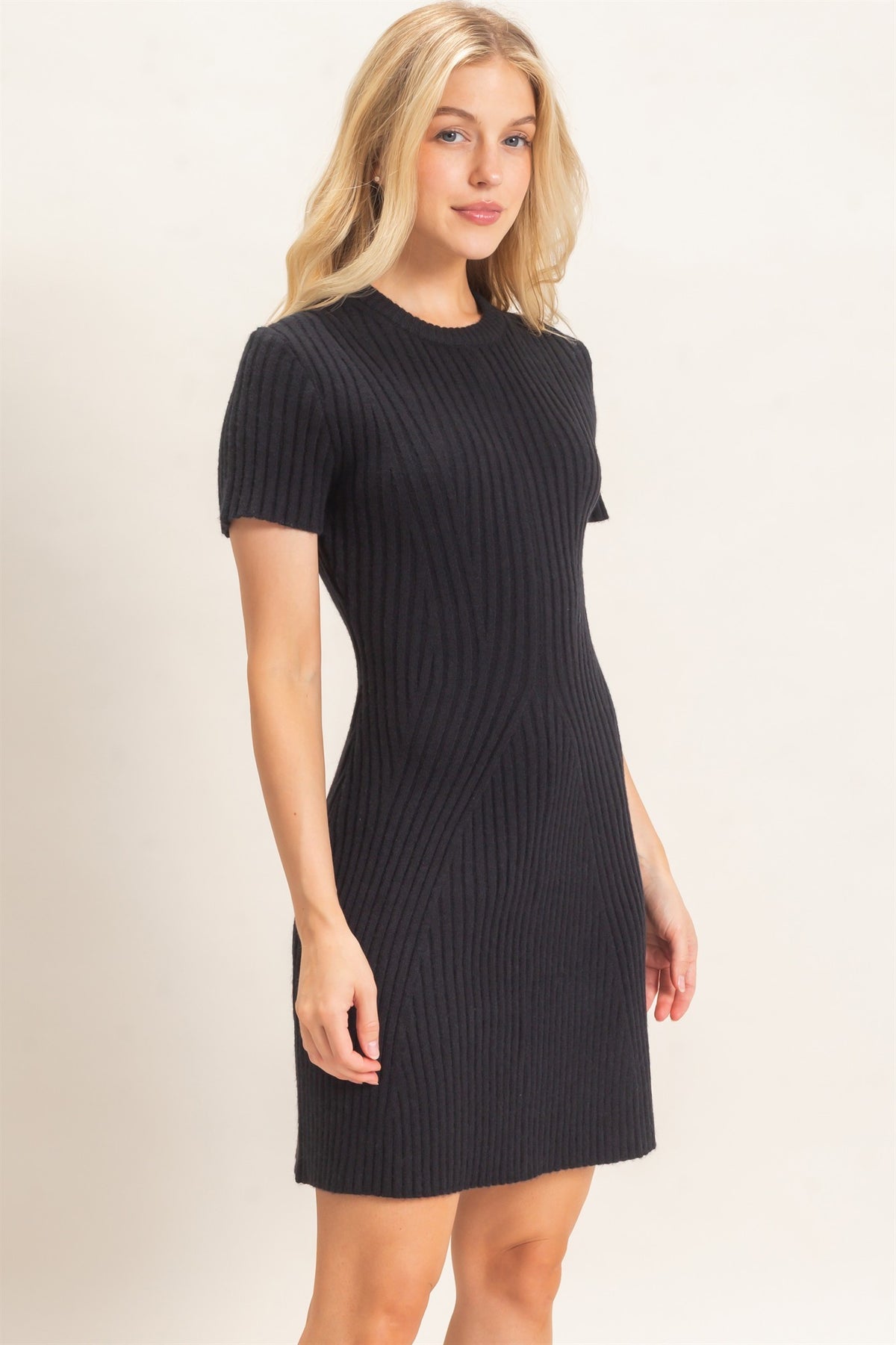 Black Ribbed Crew Neck Dress