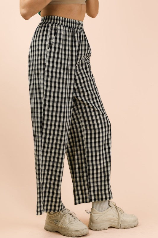 Black Checkered Elastic Waist Pants