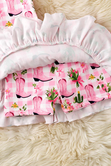 Girls Pink Western Boot Top & Tiered Skirt Set