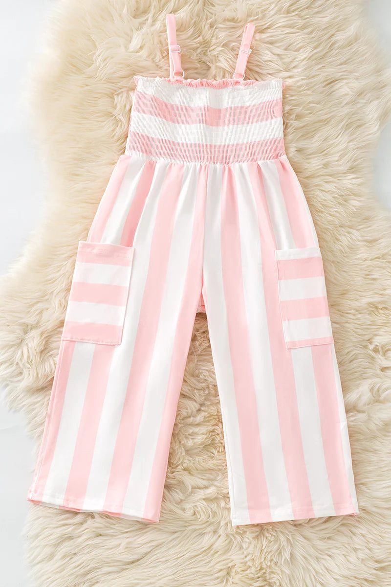 Girls Pink & White Striped Wide Leg Jumpsuit
