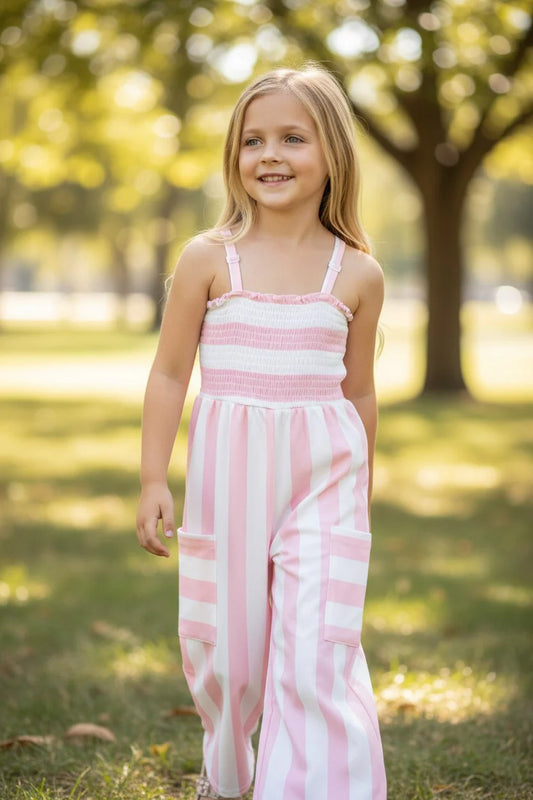Girls Pink & White Striped Wide Leg Jumpsuit