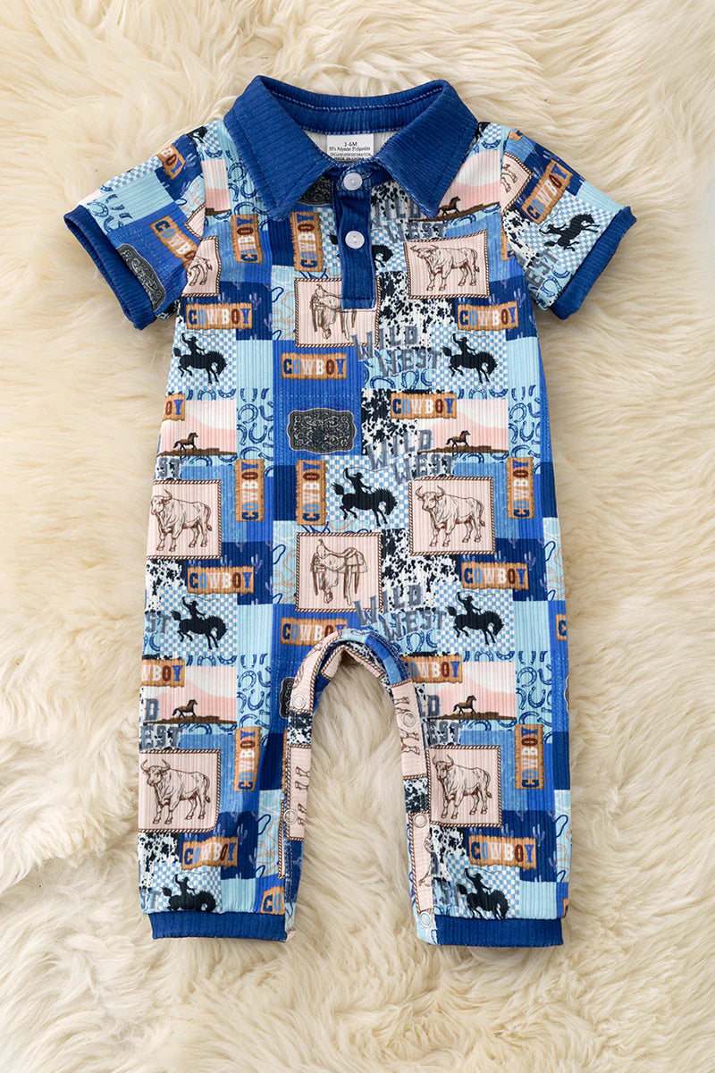 Royal Blue Cowboy Multi Print Jumpsuit with Snaps