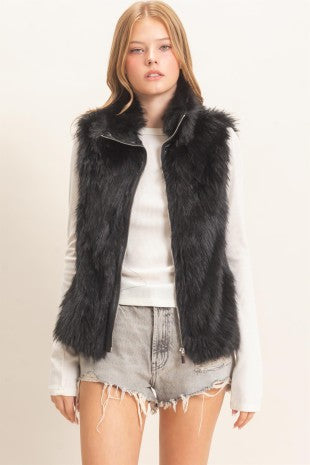 Faux Fur Zip-up Outerwear Vest- Black
