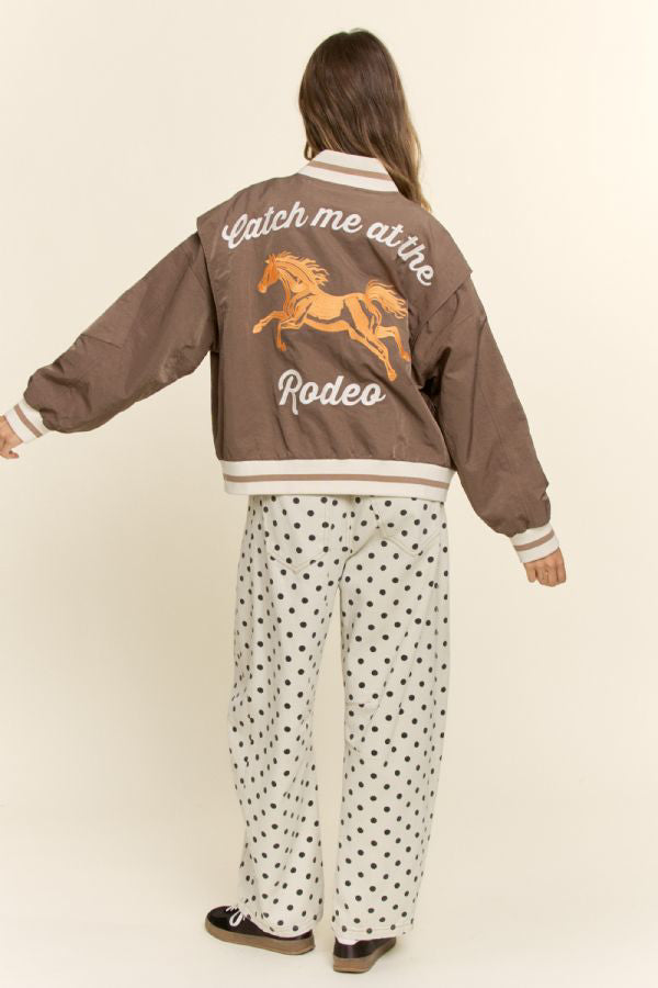 Retro Rodeo Embroidered Bomber Jacket- Mocha