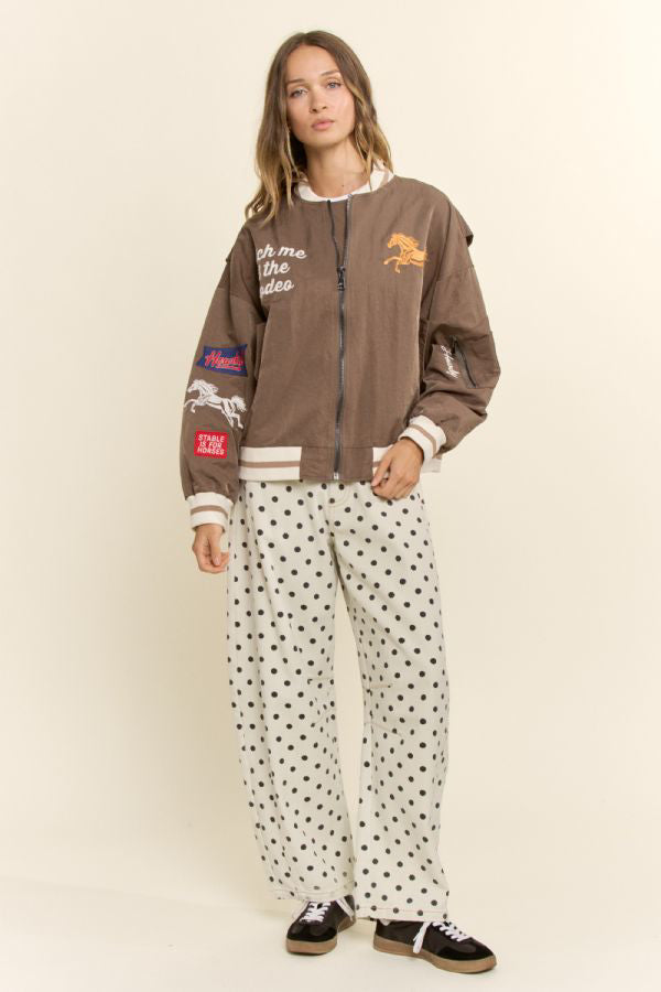 Retro Rodeo Embroidered Bomber Jacket- Mocha