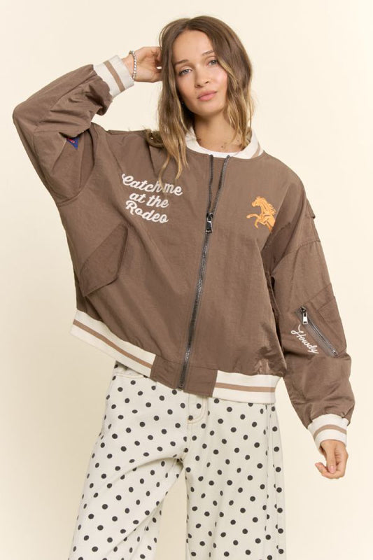 Retro Rodeo Embroidered Bomber Jacket- Mocha