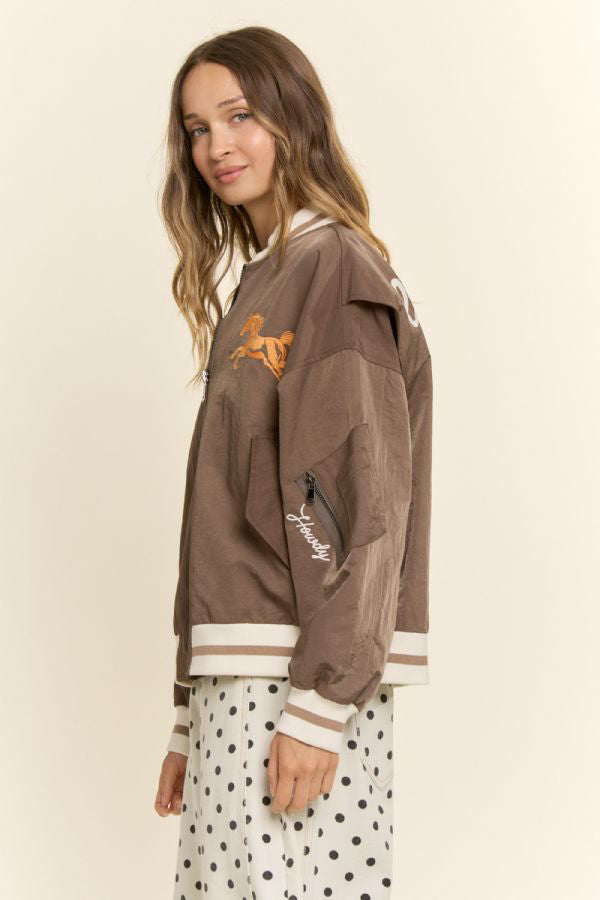 Retro Rodeo Embroidered Bomber Jacket- Mocha
