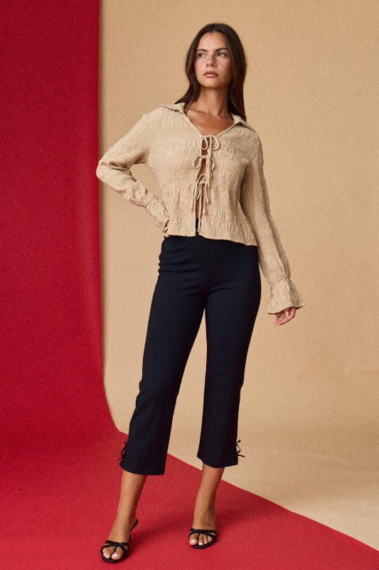 Taupe Tie Front Textured Top