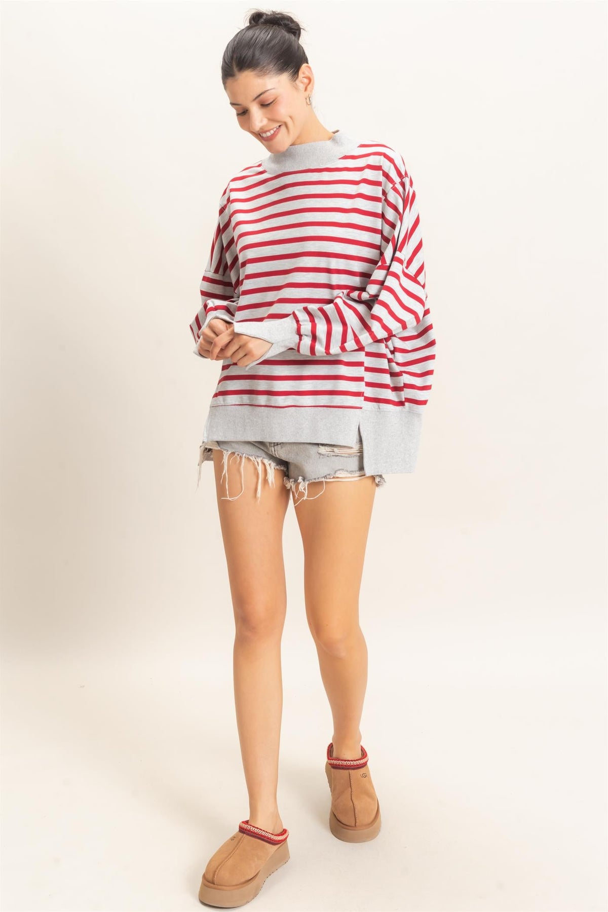 Red & Gray Striped Mock Neck Sweatshirt