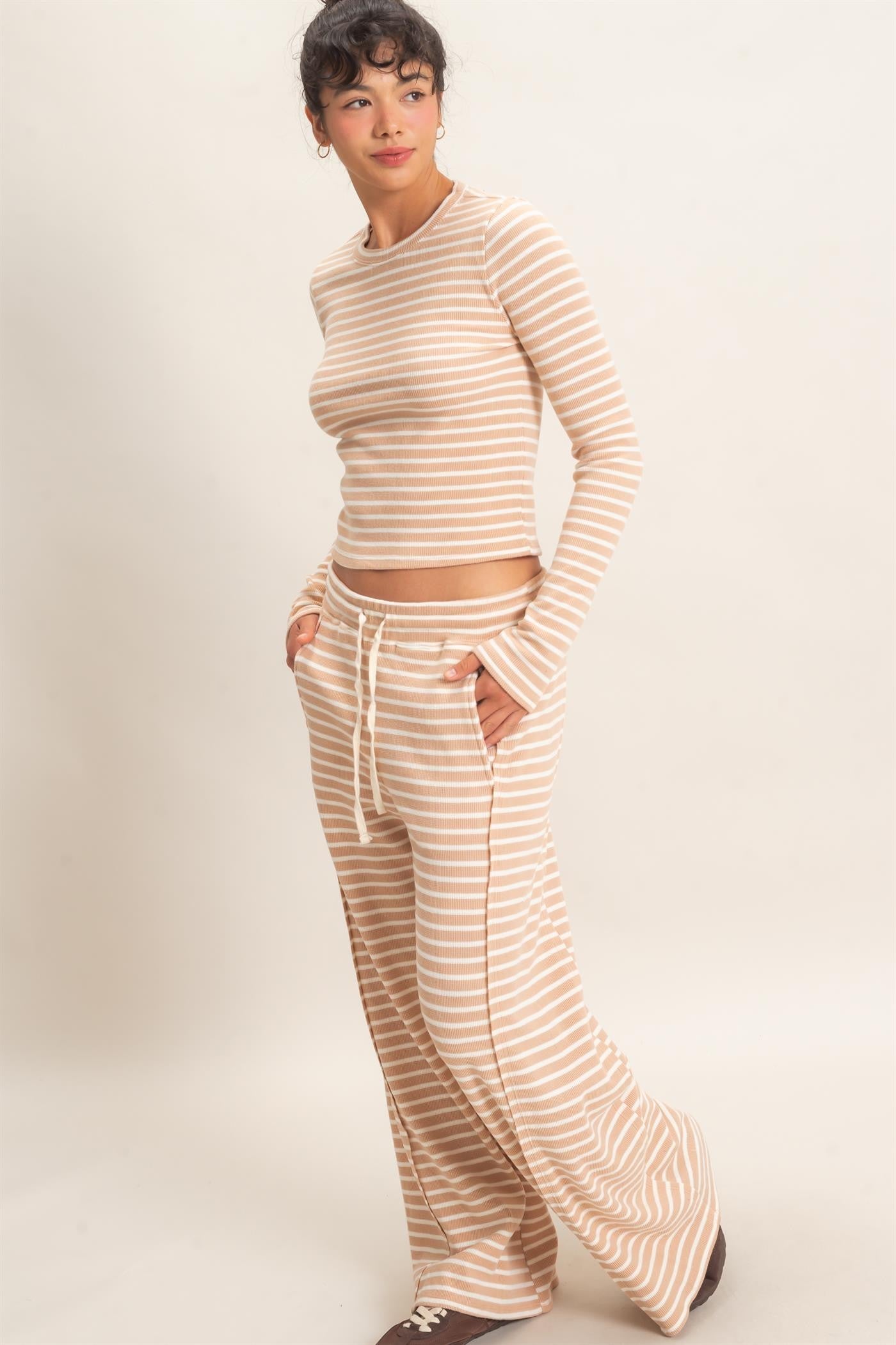 Sand Striped Waffle Knit Top & Pant Set