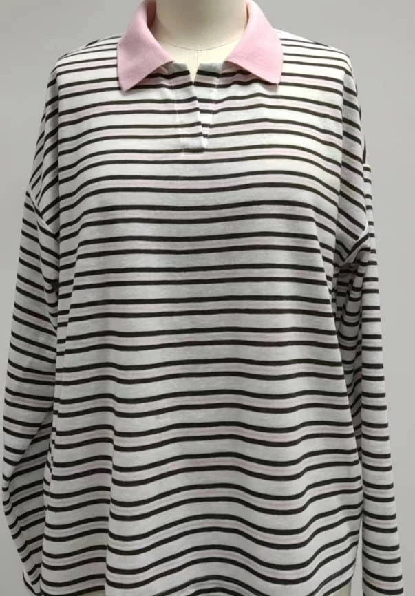 Contrasting Striped Pink Collard LS Top