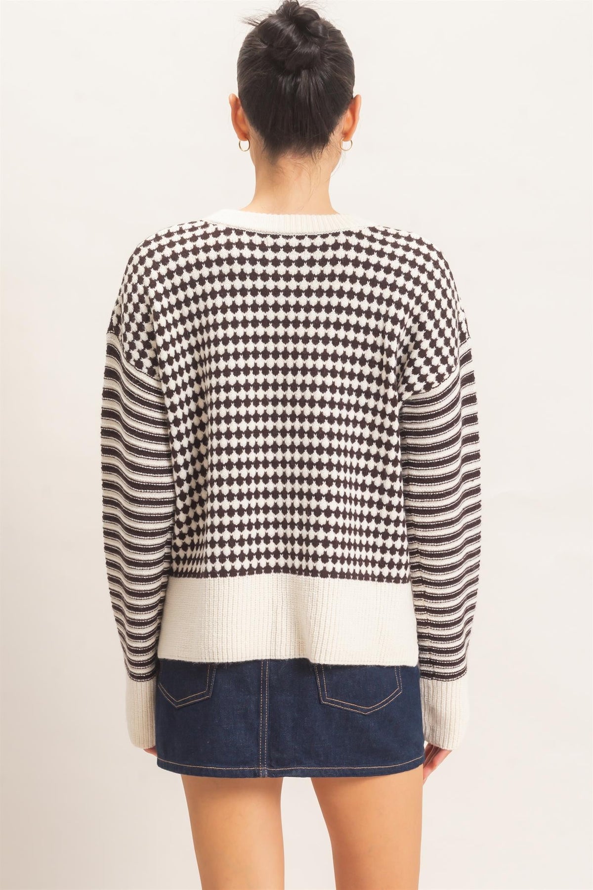Brown Mixed Pattern Long Sleeve Sweater