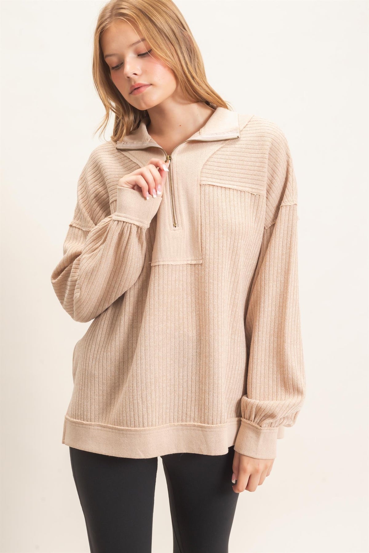 Beige Ribbed Knit Half-Zip Pullover