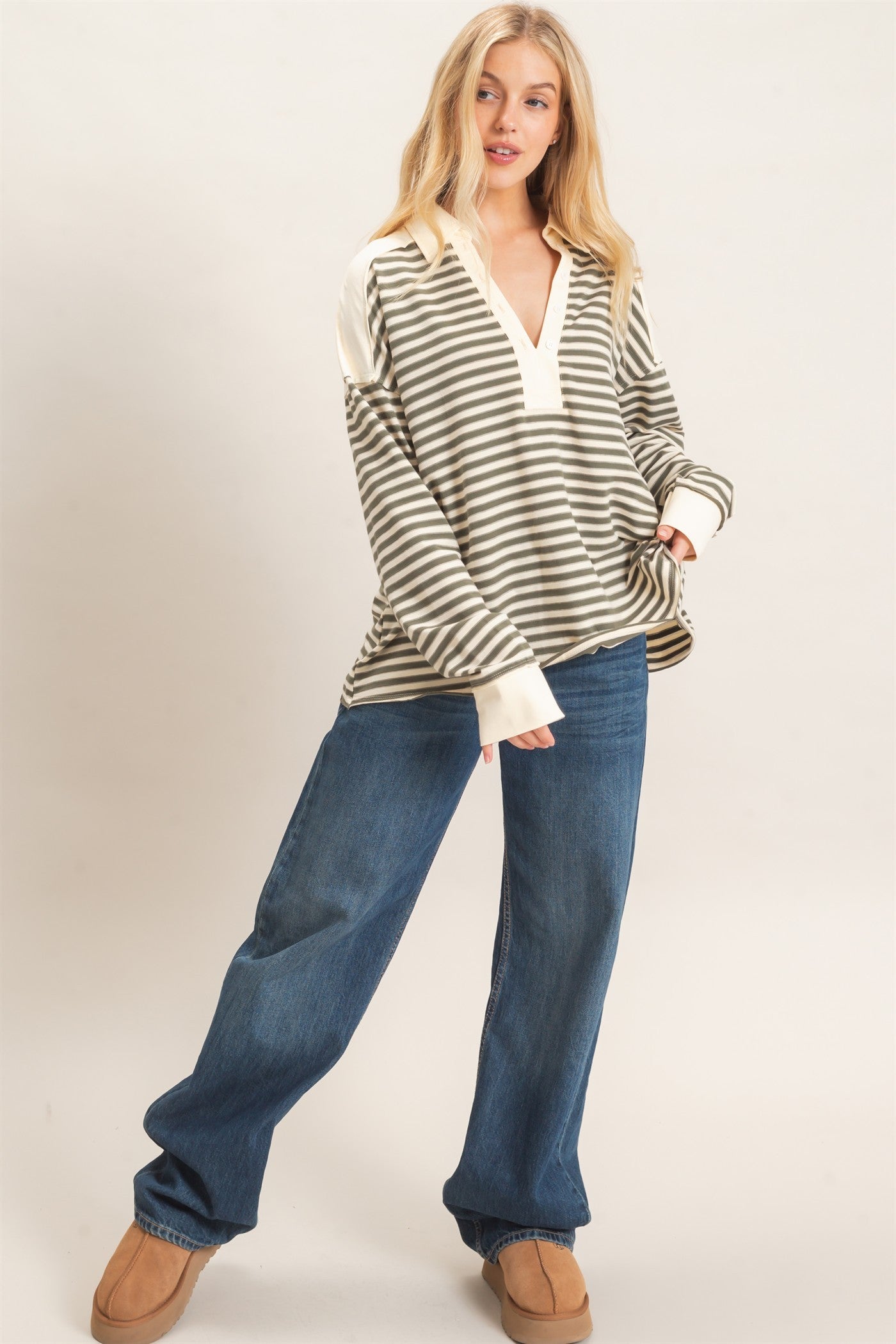 Olive Striped Henley Sweatshirt