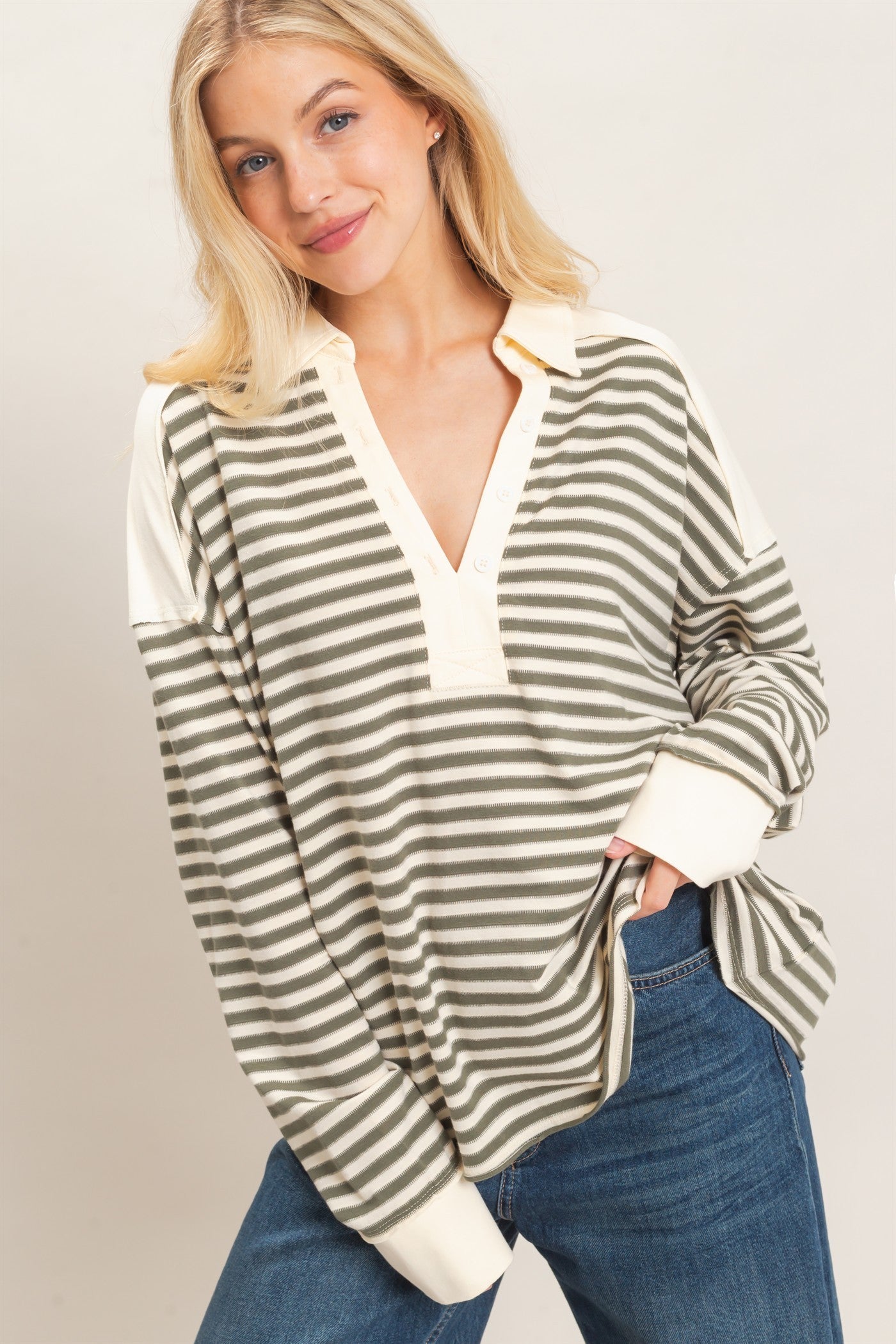 Olive Striped Henley Sweatshirt