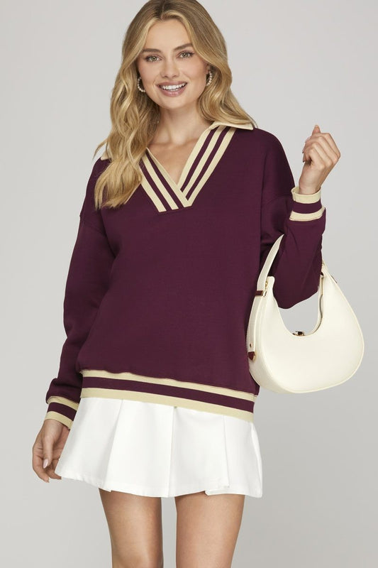 Wine V-Neck Contrasting Pull Over Top